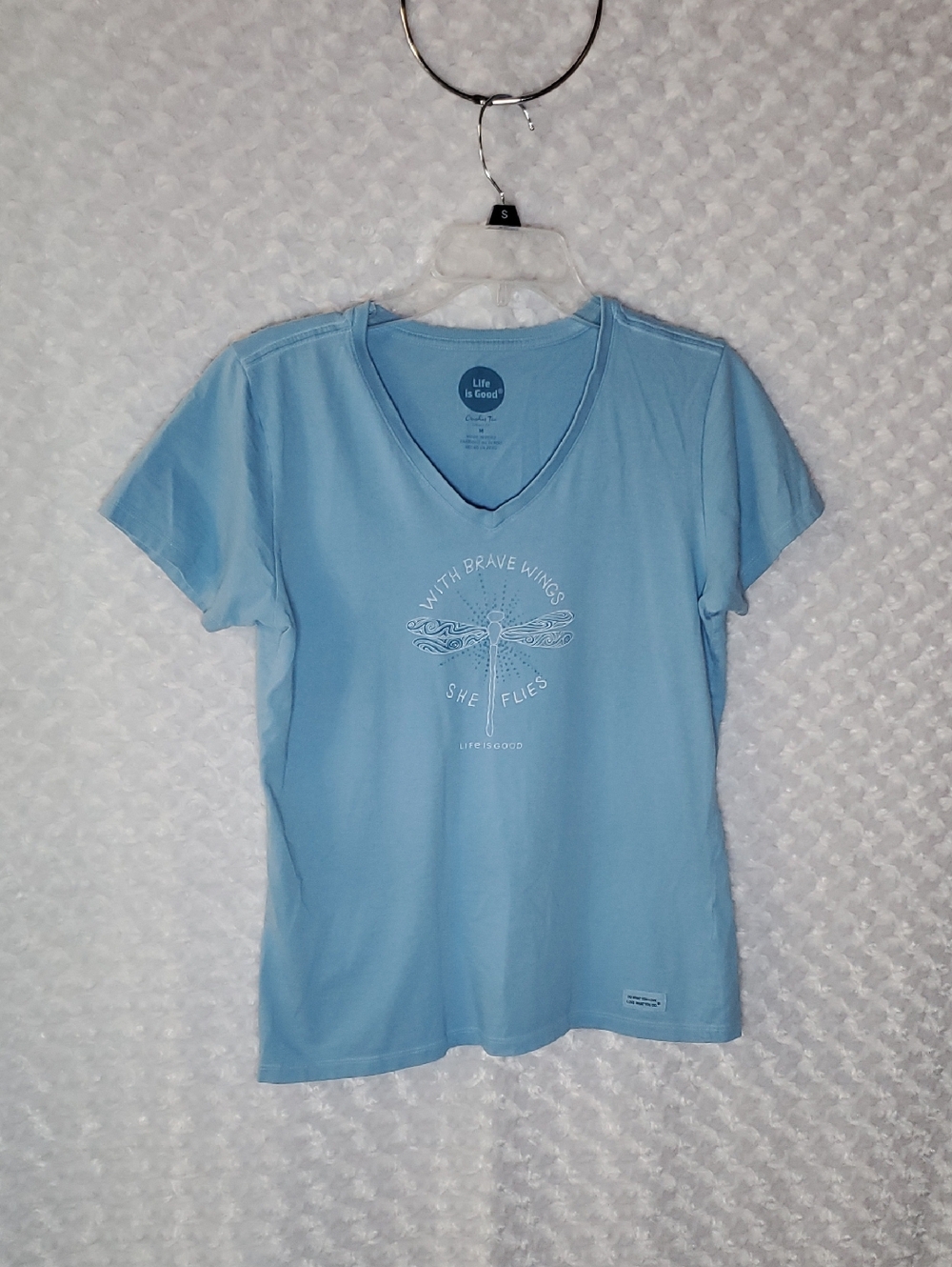 Life Is Good Light Blue V‑Neck Dragonfly Graphic Tee